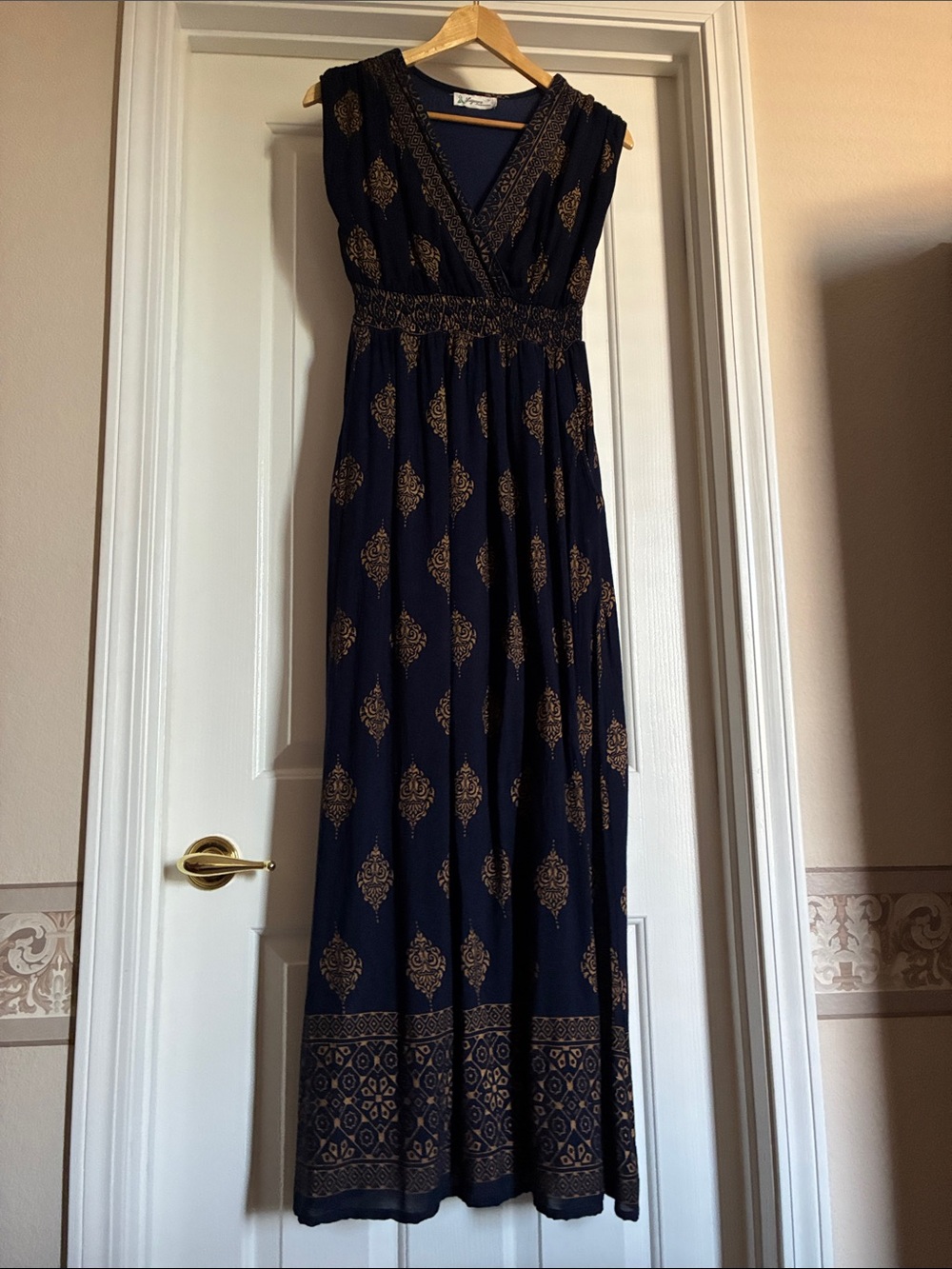 Cotton made in India Navy Maxi Dress with Gold Medallion Print
